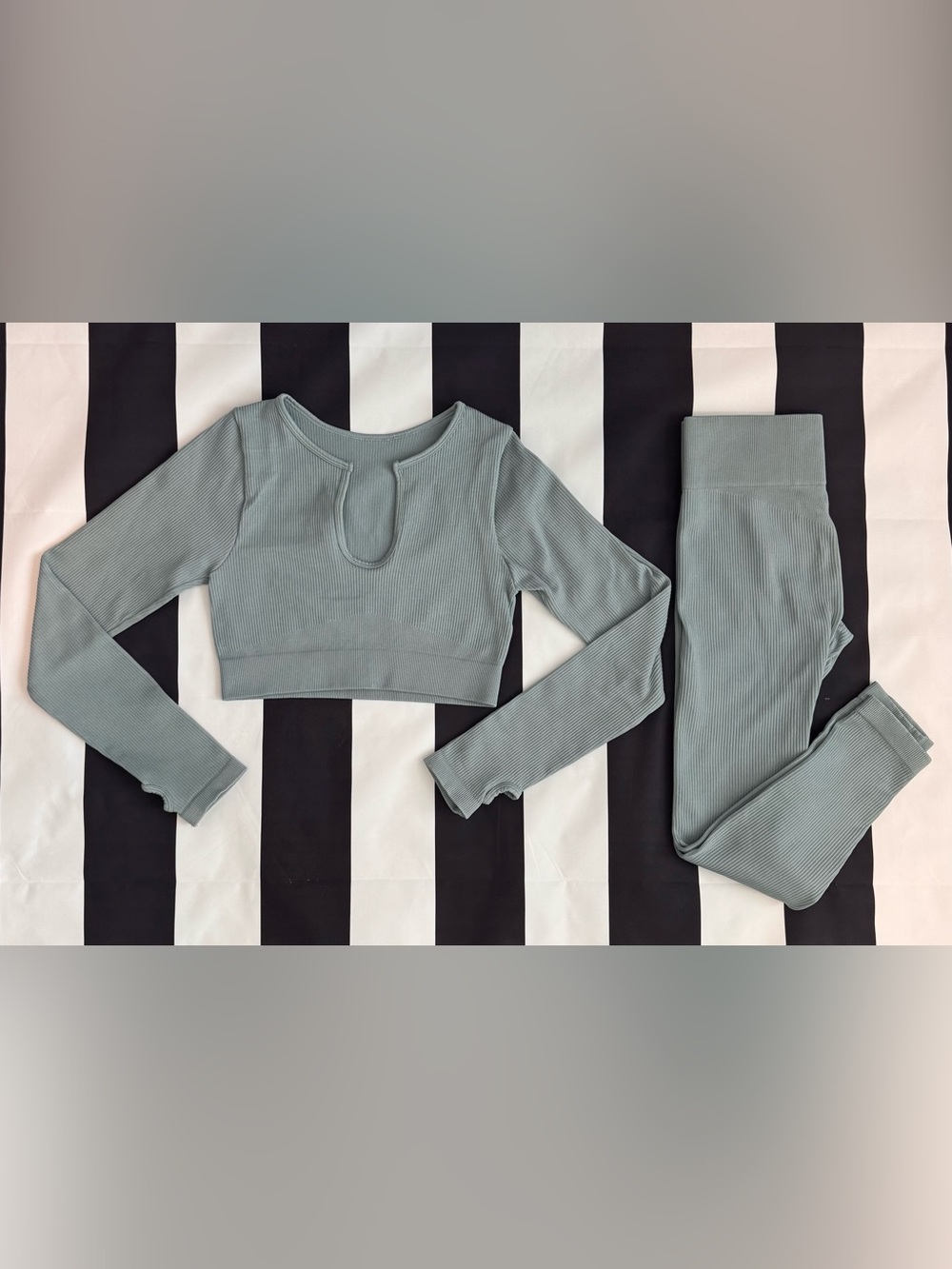 Ribbed Long-Sleeve Crop Top And Leggings Set in Dusty Sage